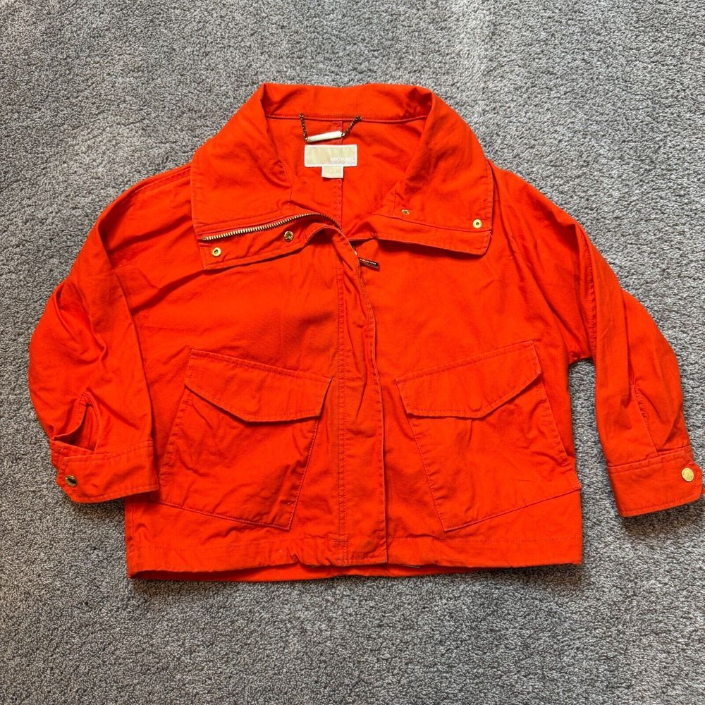 Michael Kors Womens Cropped Moto Jacket Sz P/S Tangerine‎ Gold Zipper Snaps